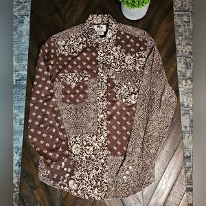 John Robshaw for Lucky Brand long-sleeve western Boho snap shirt 100% cotton EUC